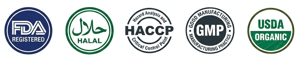 Certifications: FDA Registered, Halal, HACCP, GMP, USDA Organic