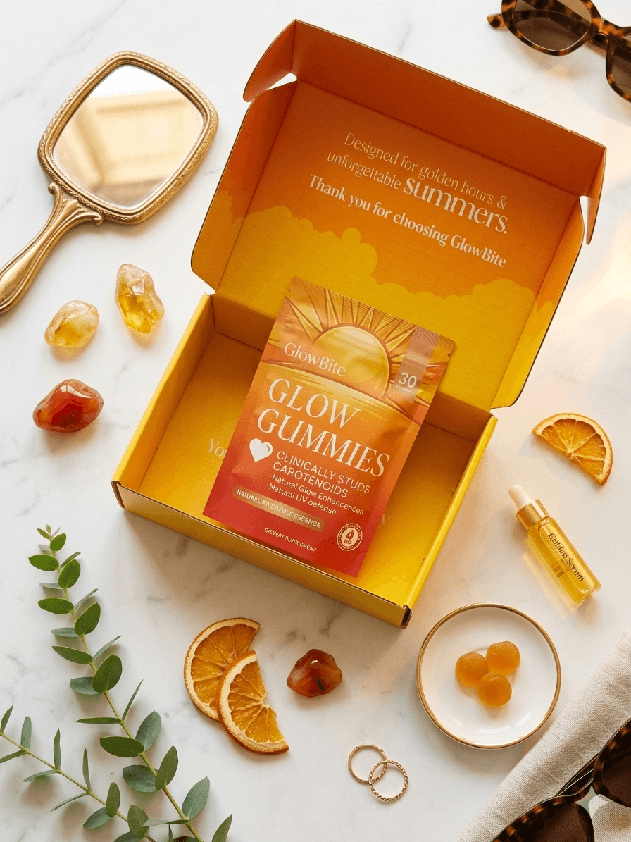 A Glowbite pouch unboxed on a marble surface — open gift box, fresh citrus slices, loose gummies, a small gold mirror, and greenery styled around it