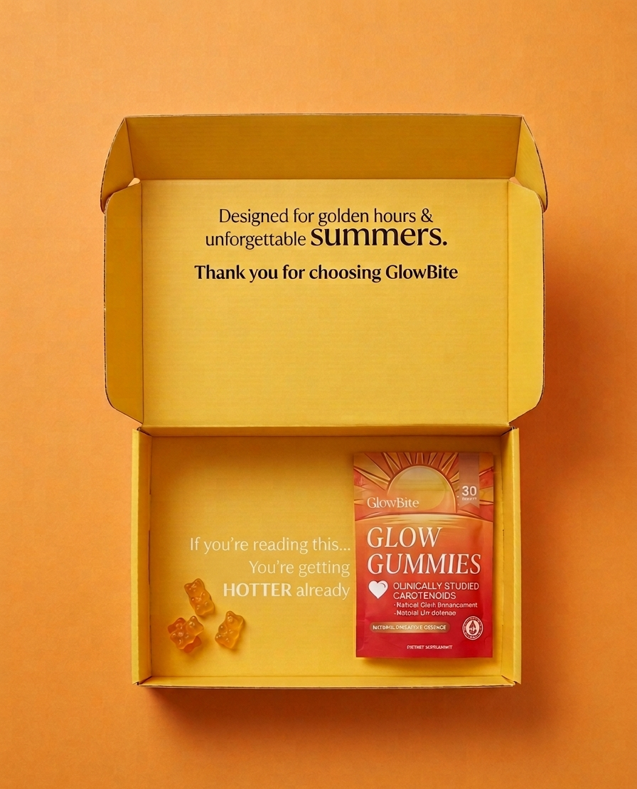 An open Glowbite unboxing: the mailer box with a thank-you note and the Glow Gummies pouch inside